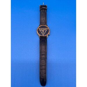 Vintage Guess 1992 Watch Gold Tone Dial Black Leather Band